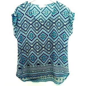 PINK ROSE Boho Aztec Blue V-Neck Top Size Large